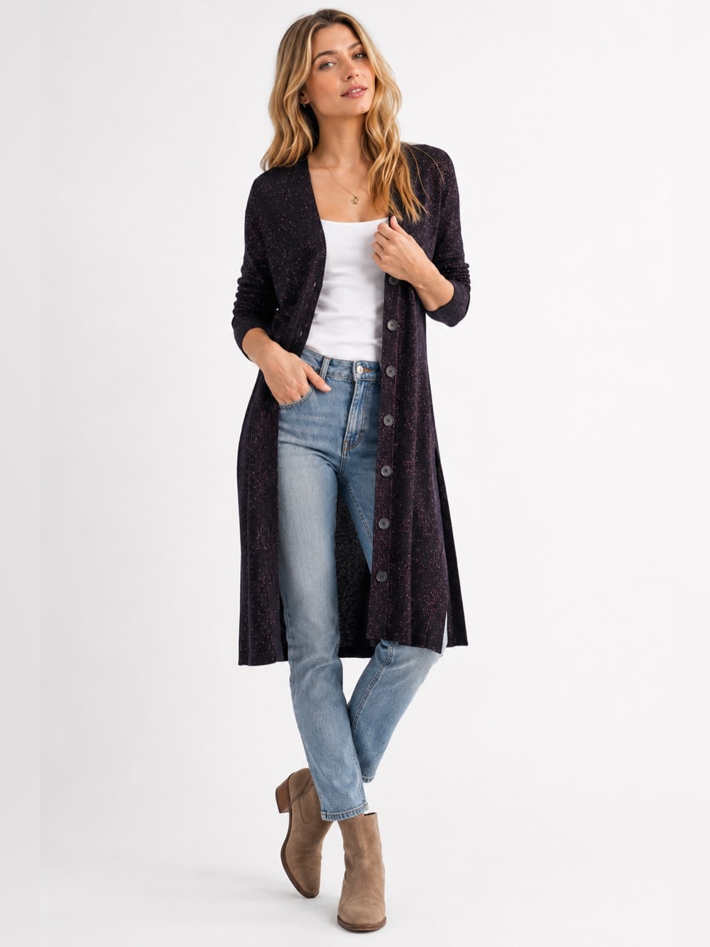 Free People Navy Metallic Shimmer Duster Cardigan S Longline Button Front Boho